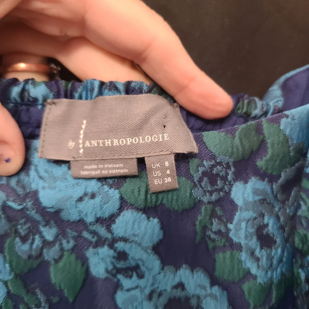 Anthropologies Blue And Green Floral Puff Sleeve Top Zipper Side Sz 4 Bridgerton
